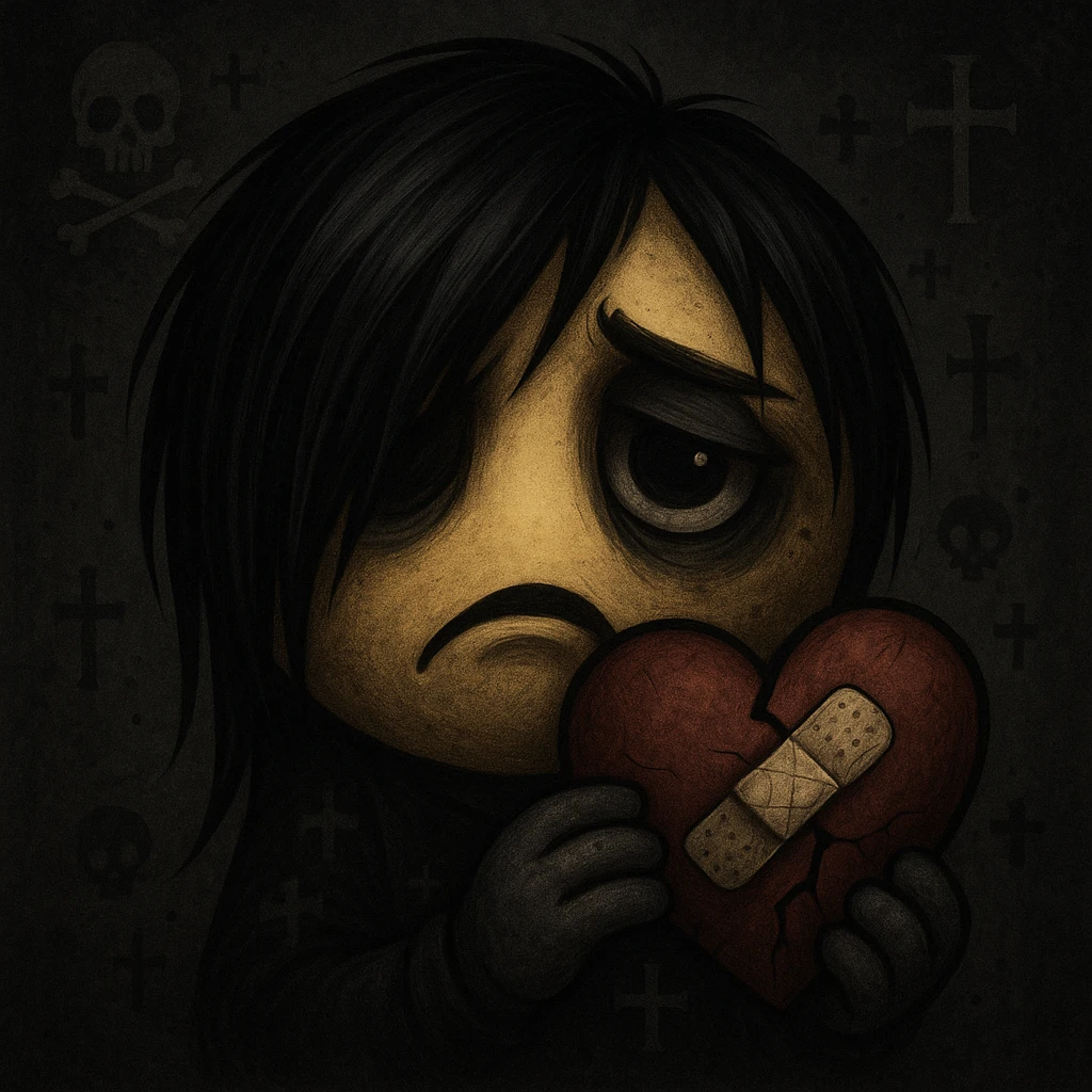 emo emoji, bandaged heart, dark colors, subtle skull or cross motif, emotional expression emoji