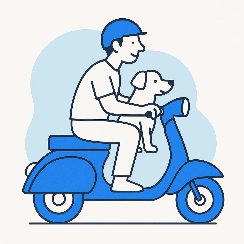 man and his pet dog riding a vespa emoji