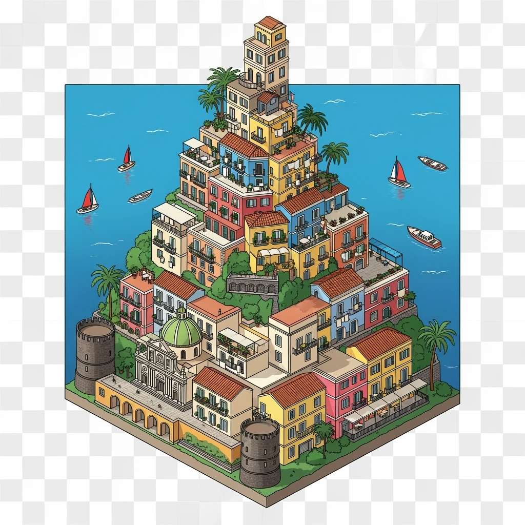 Isometric illustration of Naples, featuring colorful stacked coastal houses, highly detailed in semi-realistic style with sharp outlines, balanced between stylized and realistic, 3D miniature effect, transparent background. emoji