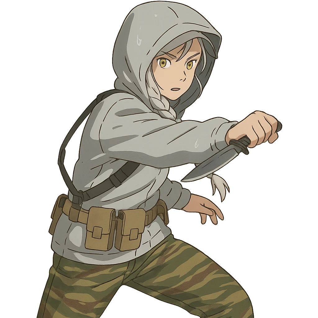1 female, mid-20's  white hair long braid, gold yellow eyes, light gray rainproof waterproof tactical jacket, hood up, tight-fitting single point sling, tan mag pouches on belt rig, tiger stripe camo pants, holding a combat blade, striking, swinging emoji
