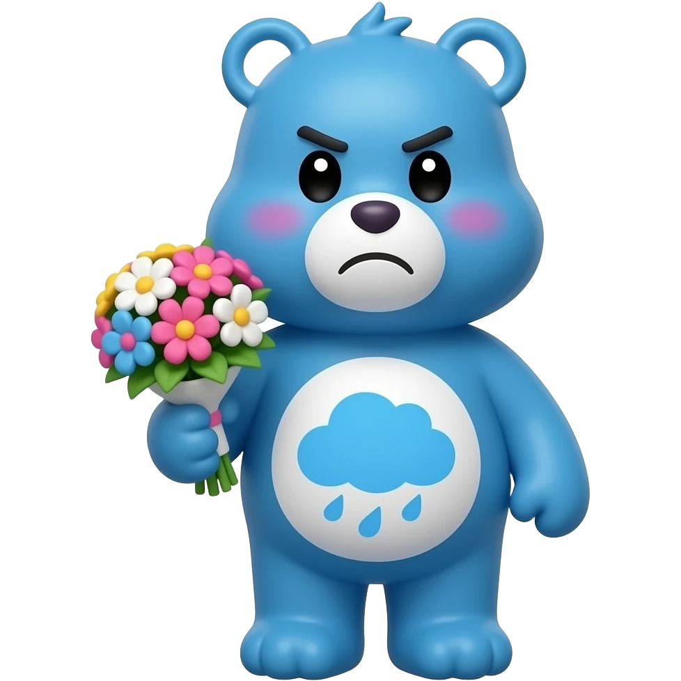 3D render iPhone emoji PNG of grumpy bear from Care Bears. Blue fur with white belly and a blue rain cloud in his stomach; holding a bouquet of flowers, adverting his eyes while blushing emoji