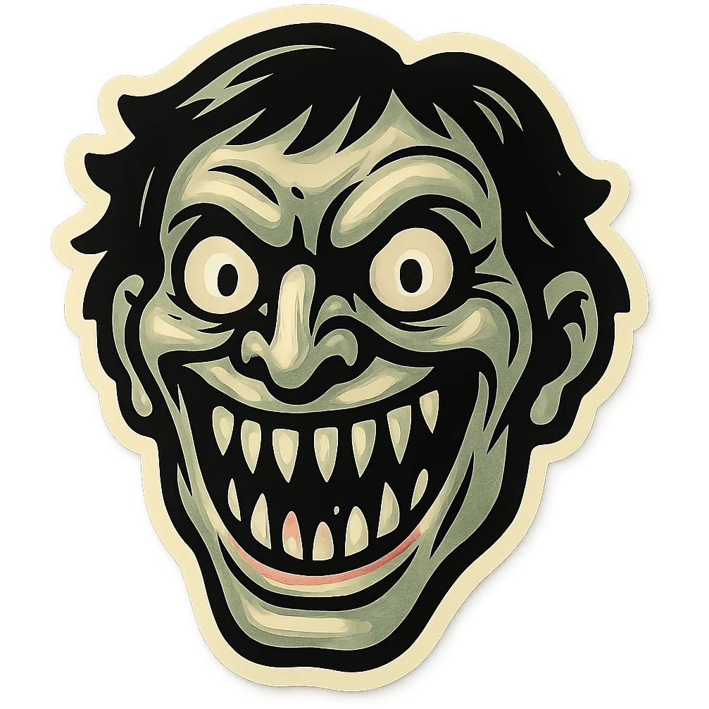 creepy face with sharp teeth and wide smile, retro stickers style, sharp black outlines, simple but detailed drawing, clear shadows and highlights, no gradients emoji