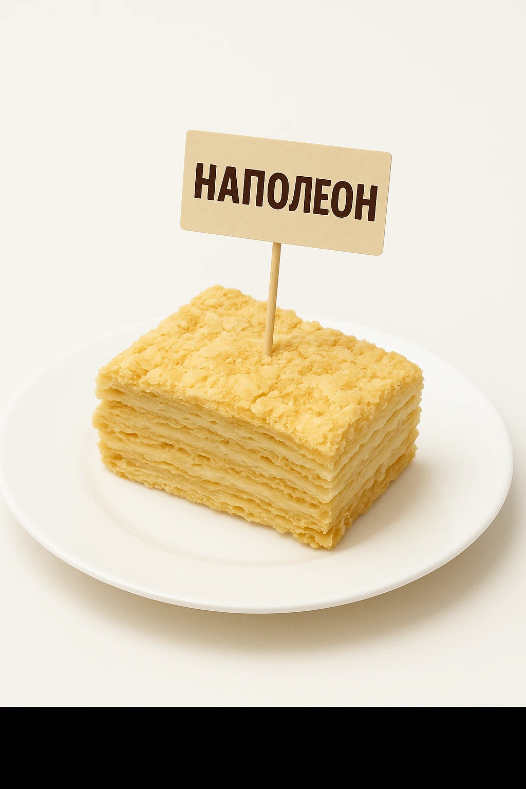 Сгенерируй мне такую же тарелку с кусочком наполеона, но что в нем торчала шпашка и на ней было написанно Наполеон  emoji