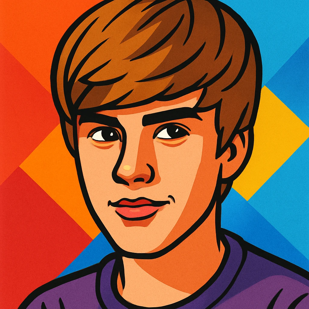 Justin Bieber illustration, close-up, signature hairstyle, confident expression, artistic style emoji