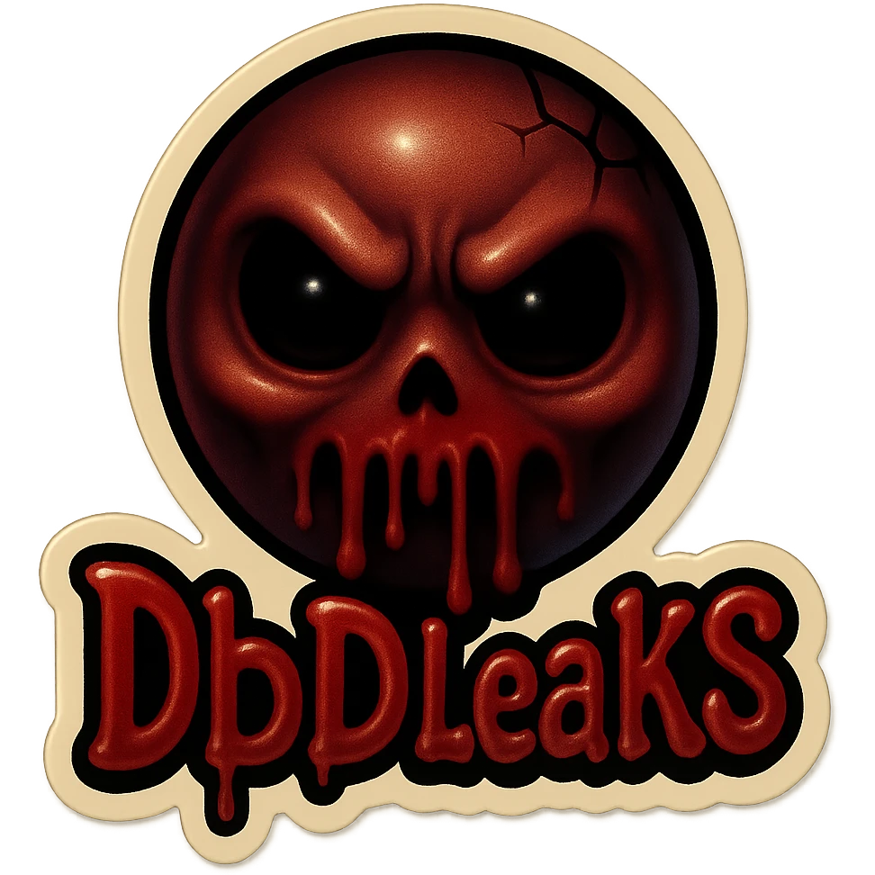 Transform the emoji into a horror-themed style with dark, spooky elements. Use blood red and shadowy colors. Make the text 'Dbd Leaks' look eerie and unsettling. Keep the background transparent. emoji