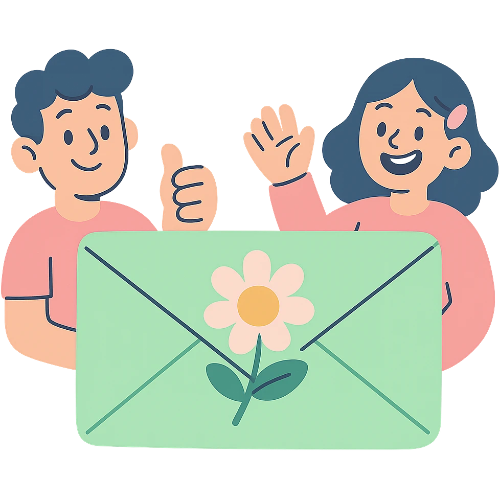 leaf envelope sealed with a flower, pastel greens and pinks, pastel-toon style emoji