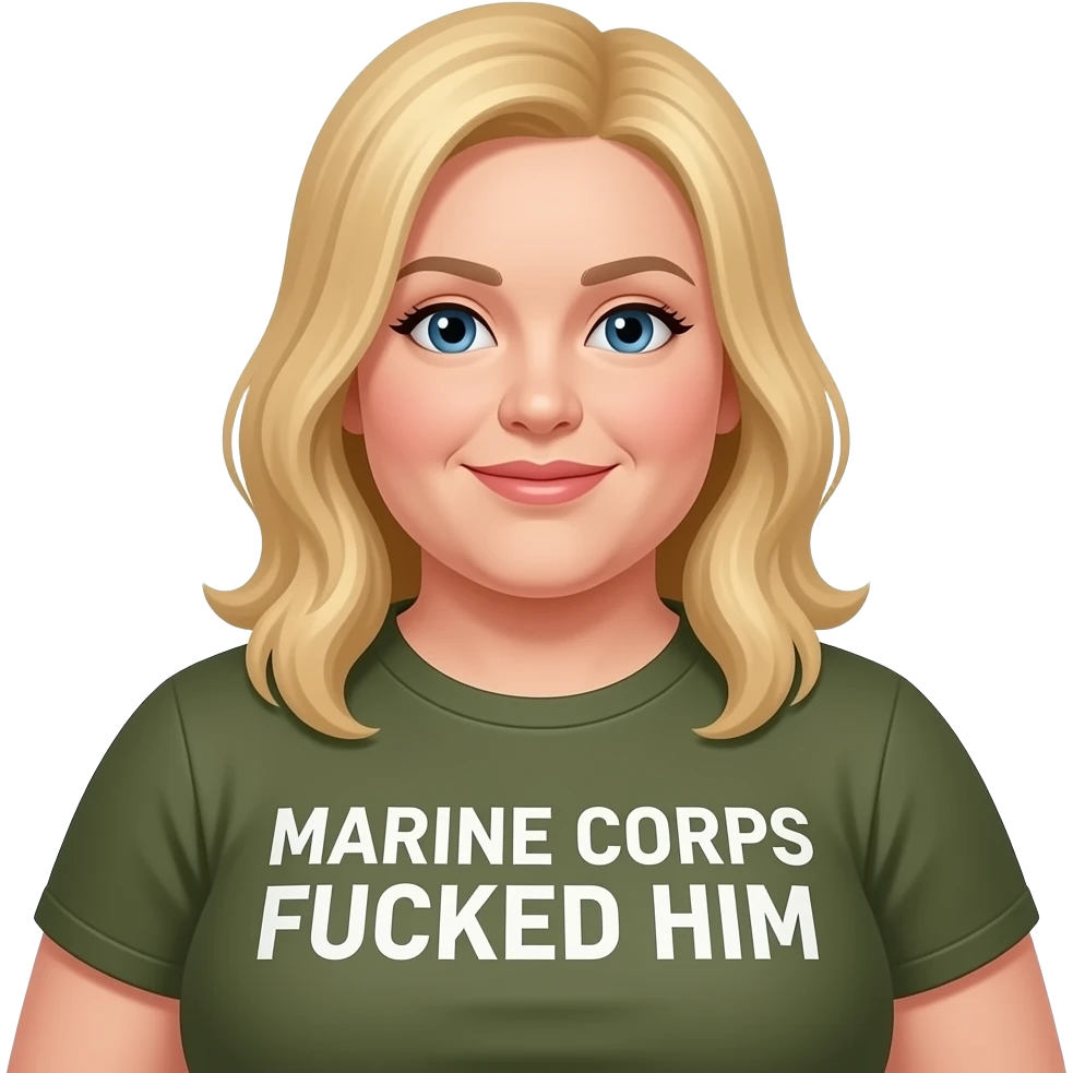 A fat blonde woman wearing a shirt saying the Marine Corps fucked him emoji