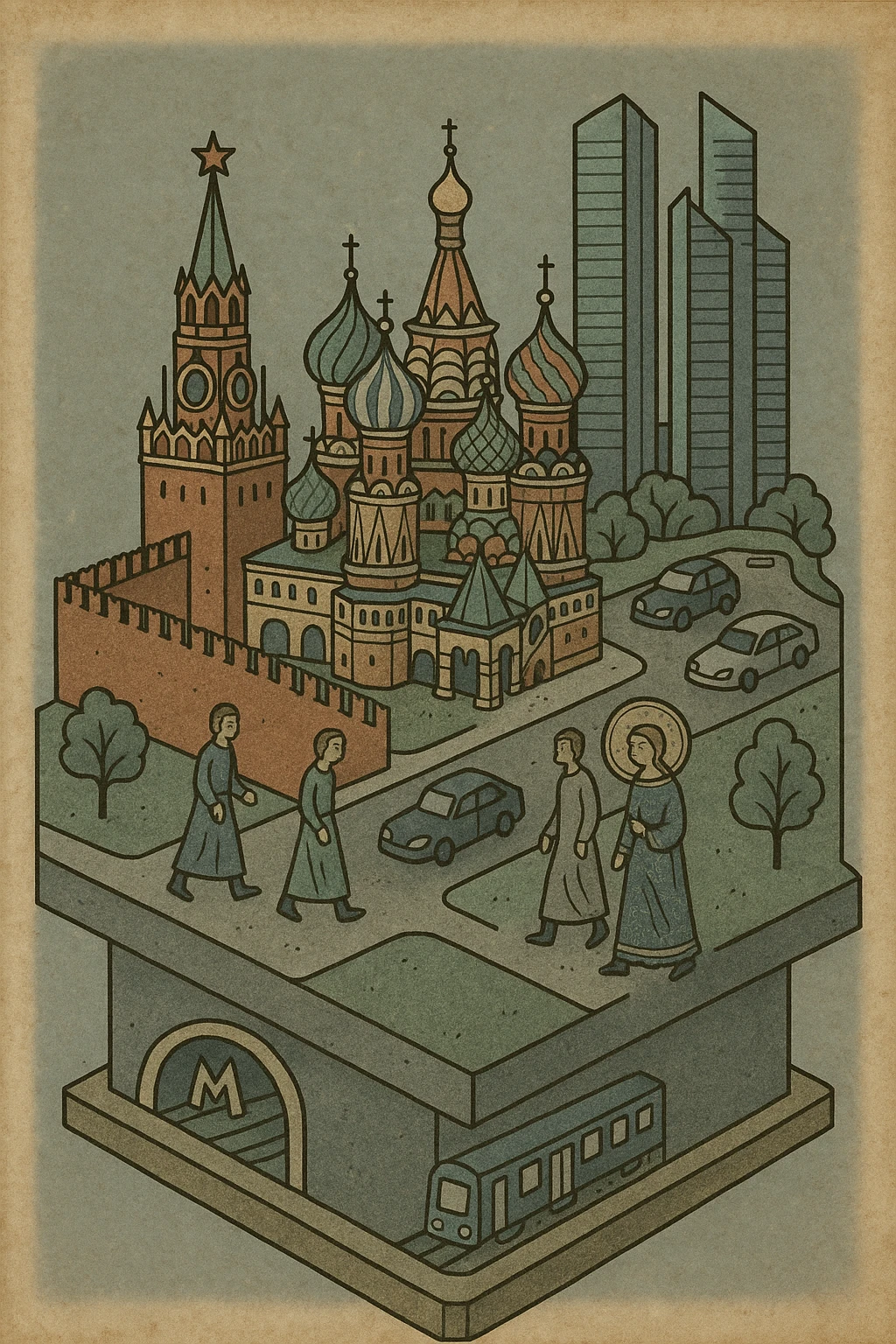 Изометричная миниатюрная 3D модель Москвы на подставке - фотореалистичный Кремль, собор Василия Блаженного, Башни Москва-Сити, аккуратная детализация, яркие цвета, мультяшный реализм, гуляют люди и современный автотранспорт и метро, компактная композиция, вид сверху в изометрии emoji