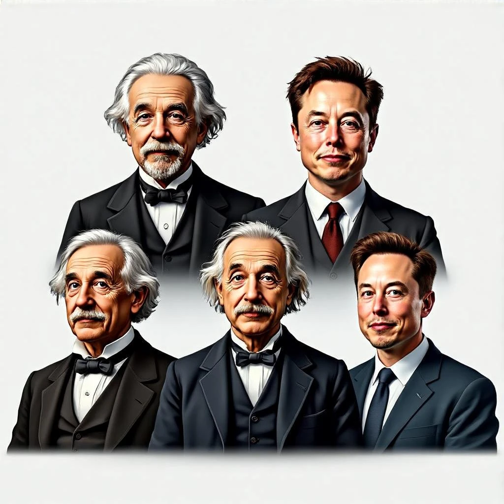 Generate in realistic style Franklin, Edison, Ford in the first row, Einstein, Jobs and Musk in the second behind them. png on transparent background emoji