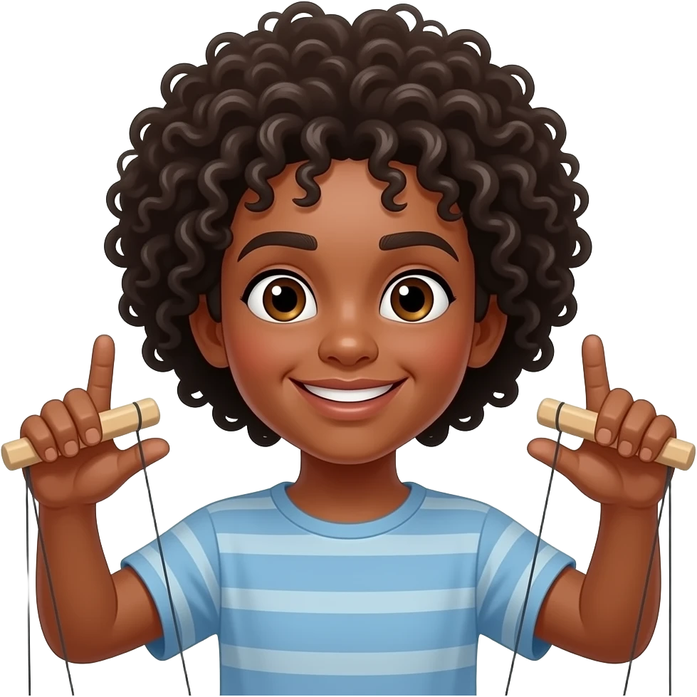 Una persona riccio afro, pelle bianca,occhi marroni che gestisce le sue marionette emoji