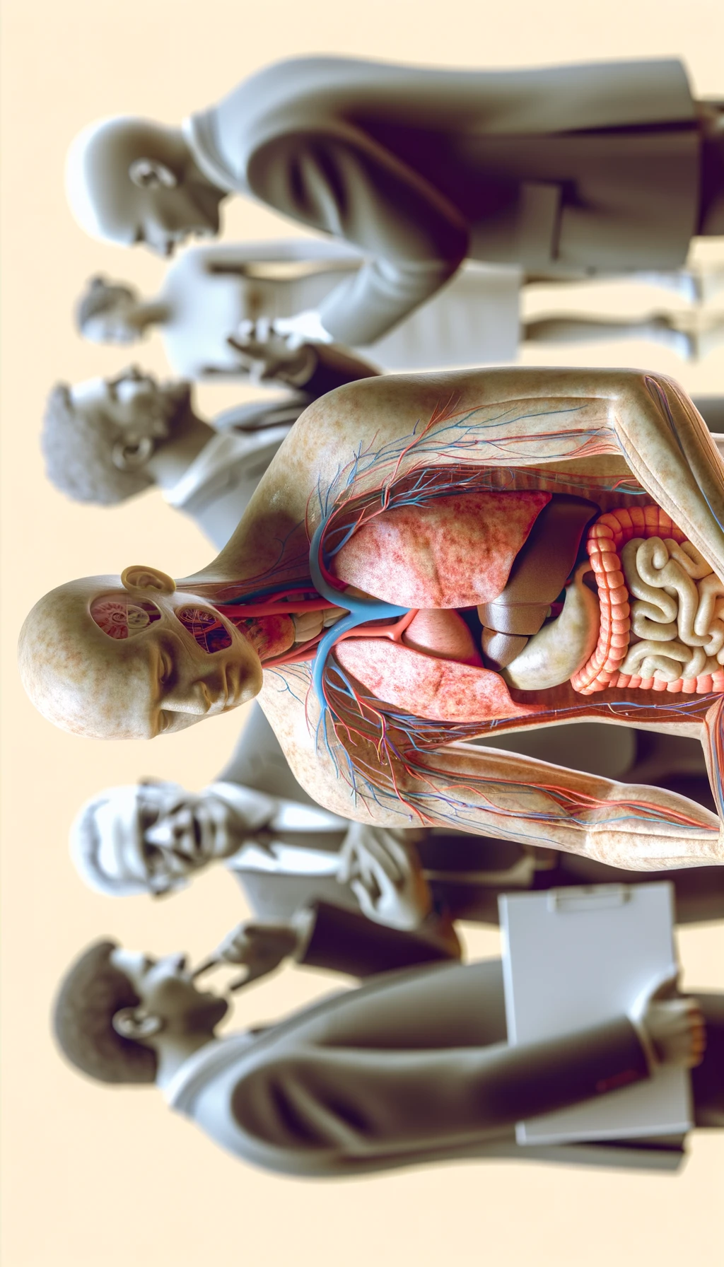 CORPO UMANO ANATOMICO SEDUTO a casa sua con intestinoa anatomico visibile CON PERSONE SFOCATE SULLO SFONDO CHE GLI PARLANO contro E LO ASSILLANO, LUI SI TIENE LE MANI SULLA TESTA ED è MOLTO STANCO E STRESSATO: non riesce ad ascoltare tutti quelli che gli stanno parlando, sfondo sul beige chiaro, IPERREALISTICO 4K emoji