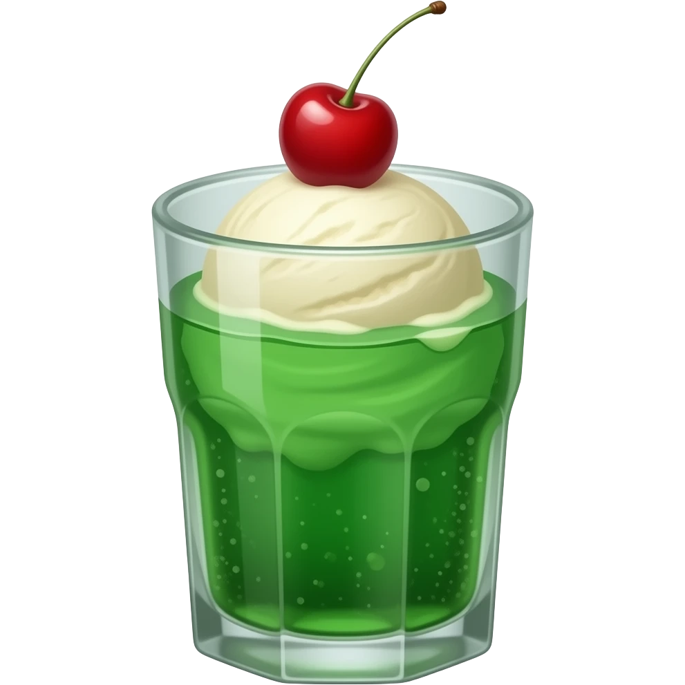 Green cream soda with an ice cream without a cone and a cherry on top emoji