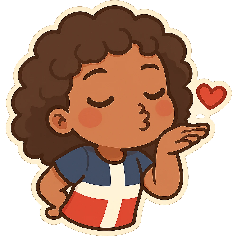 chibi emoji of a Dominican character with curly hair and brown skin, blowing a kiss emoji
