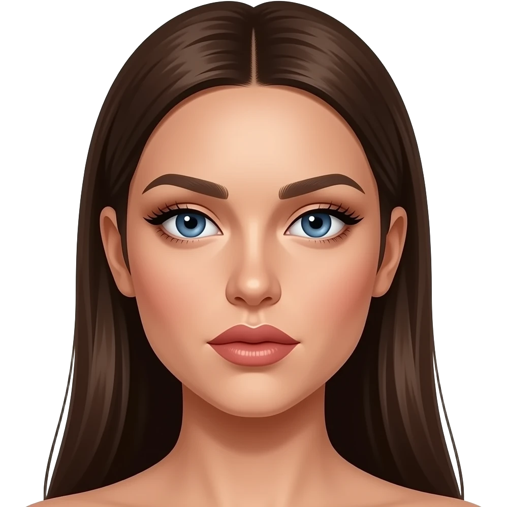 Woman with an oval face, light tan glowing skin, large almond-shaped blue eyes with long lashes, full arched eyebrows, straight slim nose, full lips with defined cupid’s bow, long dark light brown honey smooth hair, glam makeup, symmetrical model-like face, elegant and slightly intense expression. emoji