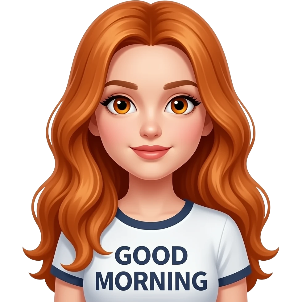 sexy girl with overlong ginger hair and ginger eyes a top with GOOD MORNING written on it emoji