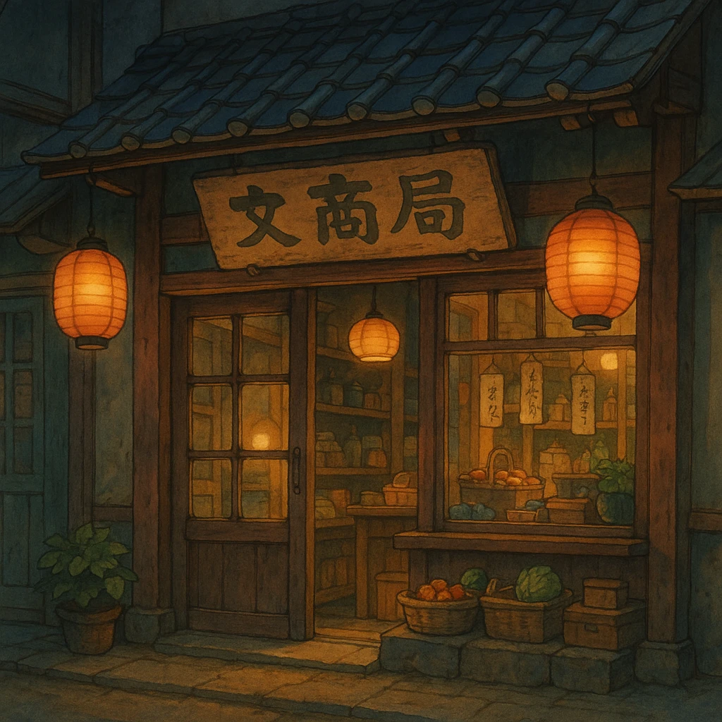Cozy anime storefront with traditional Asian elements, warm lighting, hanging lanterns, shop sign in Japanese style, Studio Ghibli style emoji