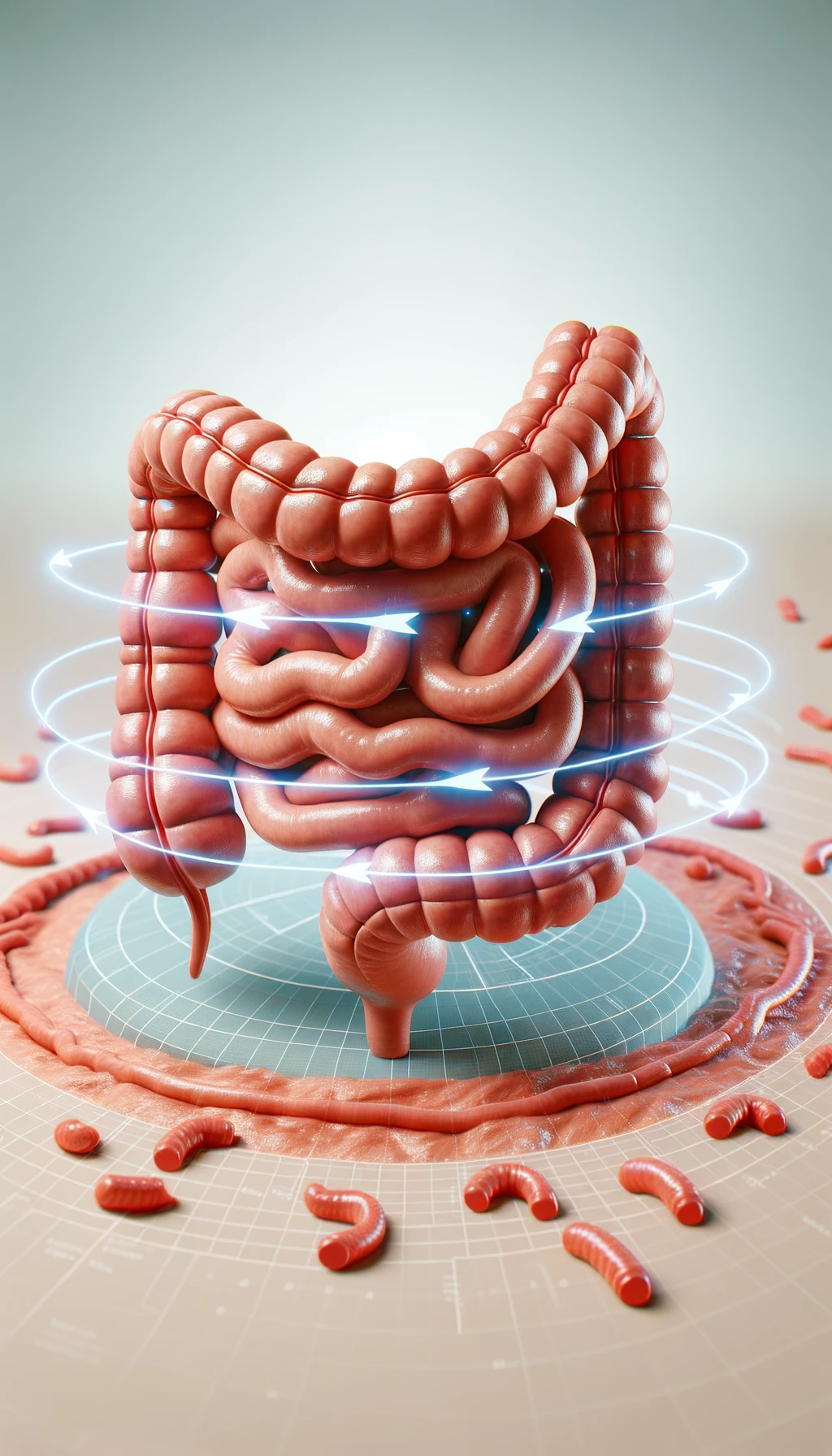 intestino umano anatomico con frecce 3d che gli girano intorno, sfondo chiaro, iperrealistico 4k emoji