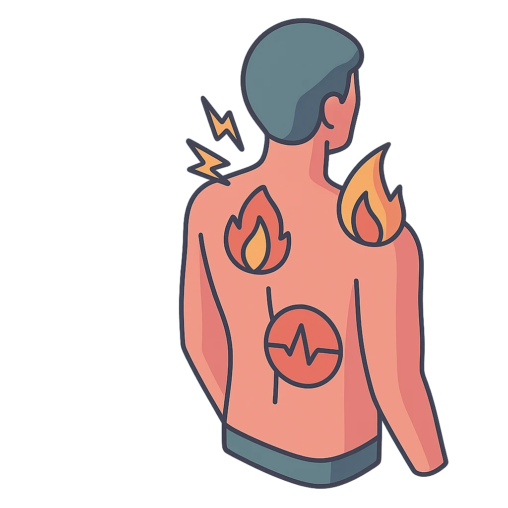 Silhouette of a back with pain zones indicated by lightning bolts in the neck area, pulse in the lower back, and fire in the shoulder blades. Style: 2D Isometric with clear shadows and highlights, transparent background. emoji