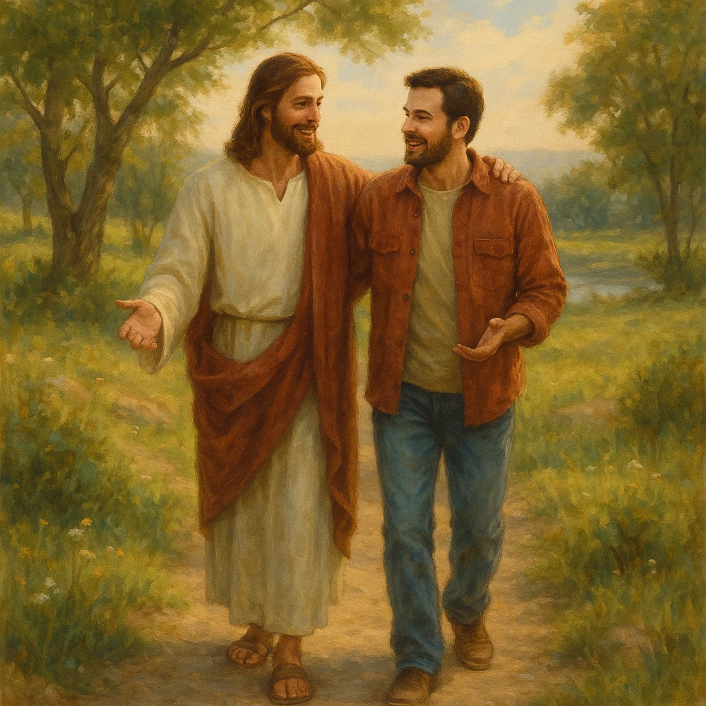 Jesus and a person walking together, friendly and warm atmosphere, peaceful outdoor scene emoji