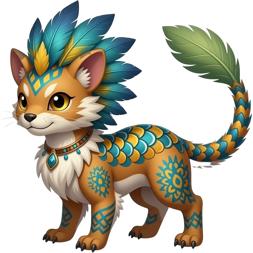 Tribal-patterned aboriginal majestic feathery elegant realistic stylish Furry, fluffy feathery tropical painted scaly, colorful Litten-Minccino-Bambino-Linoone-Zangoose-fusion-hybrid-animal-Fakémon-creature, full body, thin long sleek tufted tail, intricate markings emoji