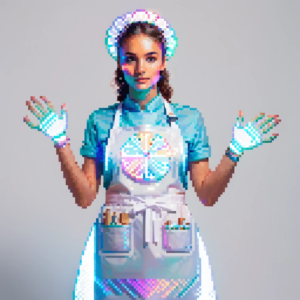 Portrait of a futuristic baker in skeuomorphism style, same pose and lighting as previous levels, wearing a translucent apron with holographic patterns, glowing hologram interface floating around hands, holding a digital whisk made of light beams, subtle neon reflections on face and clothes emoji