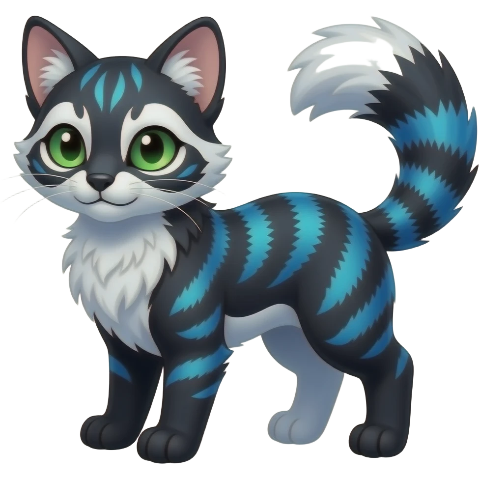 Colorful dark tropical gradient-colored cobalt-blue, black, white fur, with green eyes, iridescent glorious divine exotic cute cool beautiful shiny fantasy-civet-genet-vernid-Cacomistle-Furret-civet-oncilla-animal-hybrid-fursona with pattern markings (full body) emoji