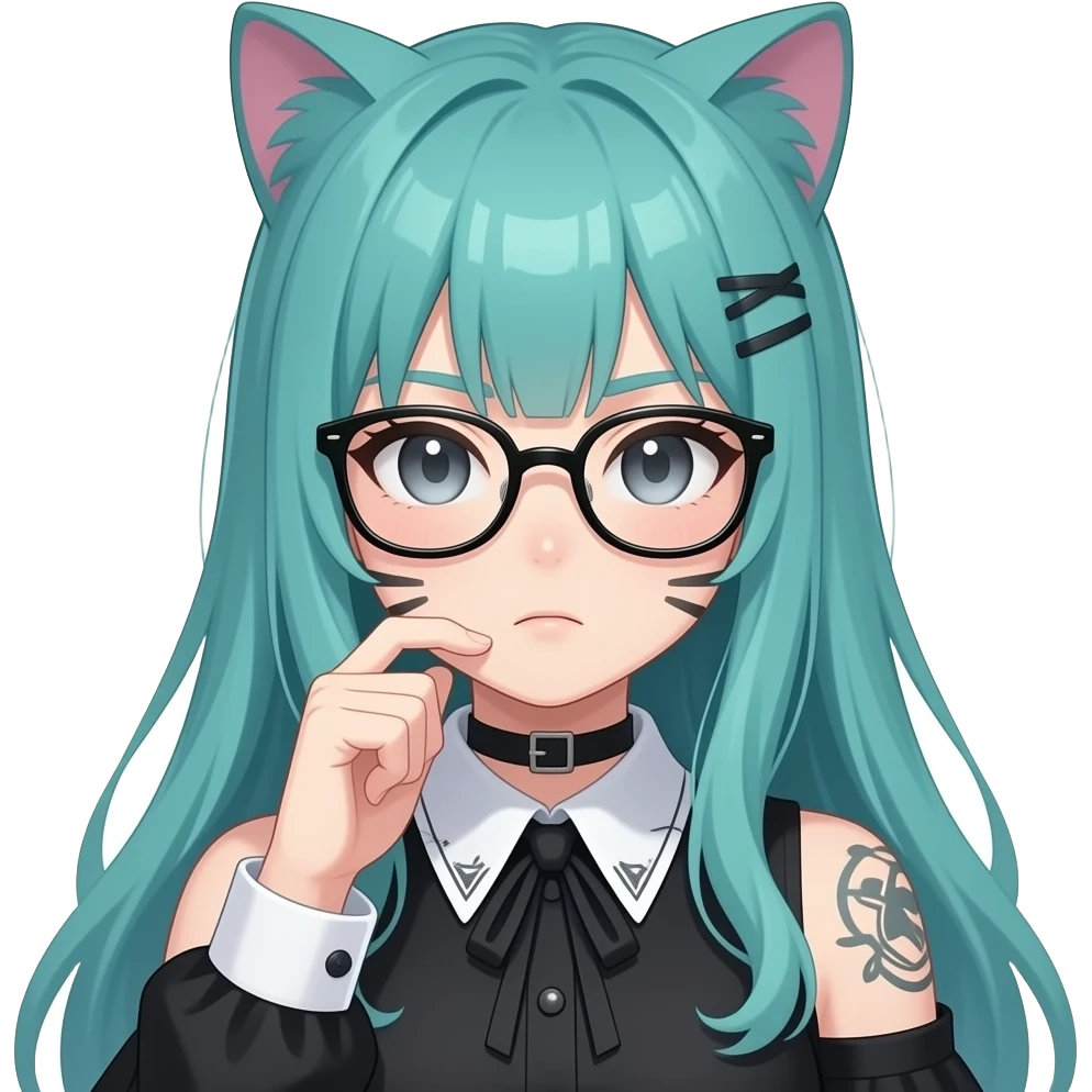 anime girl, thinking hard, cat glasses ,face tattoos, long flowing teal hair, grey eyes, black shoulder cyberpunk blouse with fancy white collar emoji