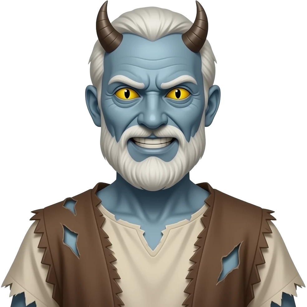 A full bodied slender old man with ashen colored skin, yellow serpent eyes with slim black slits for pupils and demonically possessed man that has an angry smile on his face, wearing tattered clothing from biblical times emoji