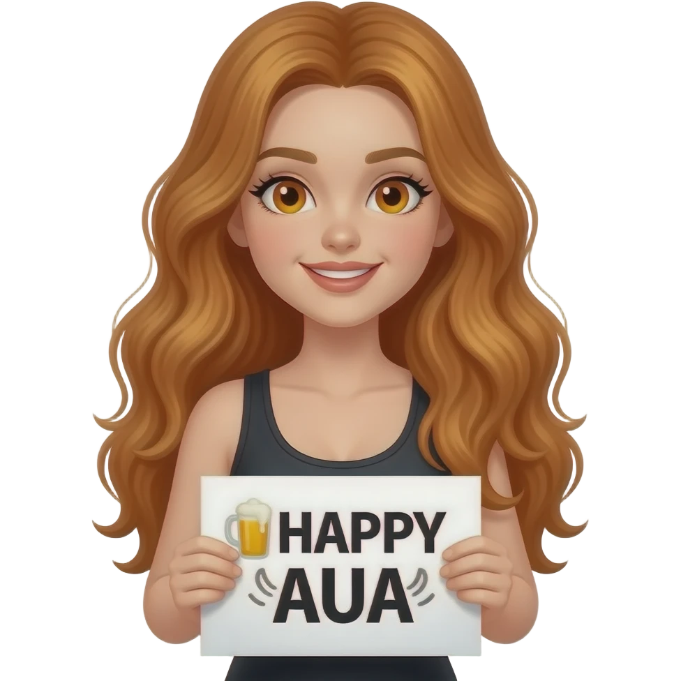 sexy girl with long wavy ginger hair and ginger eyes wearing a black tanktop is holding a white colored sign with 🍻 HAPPY AUA 🍻 written on it emoji