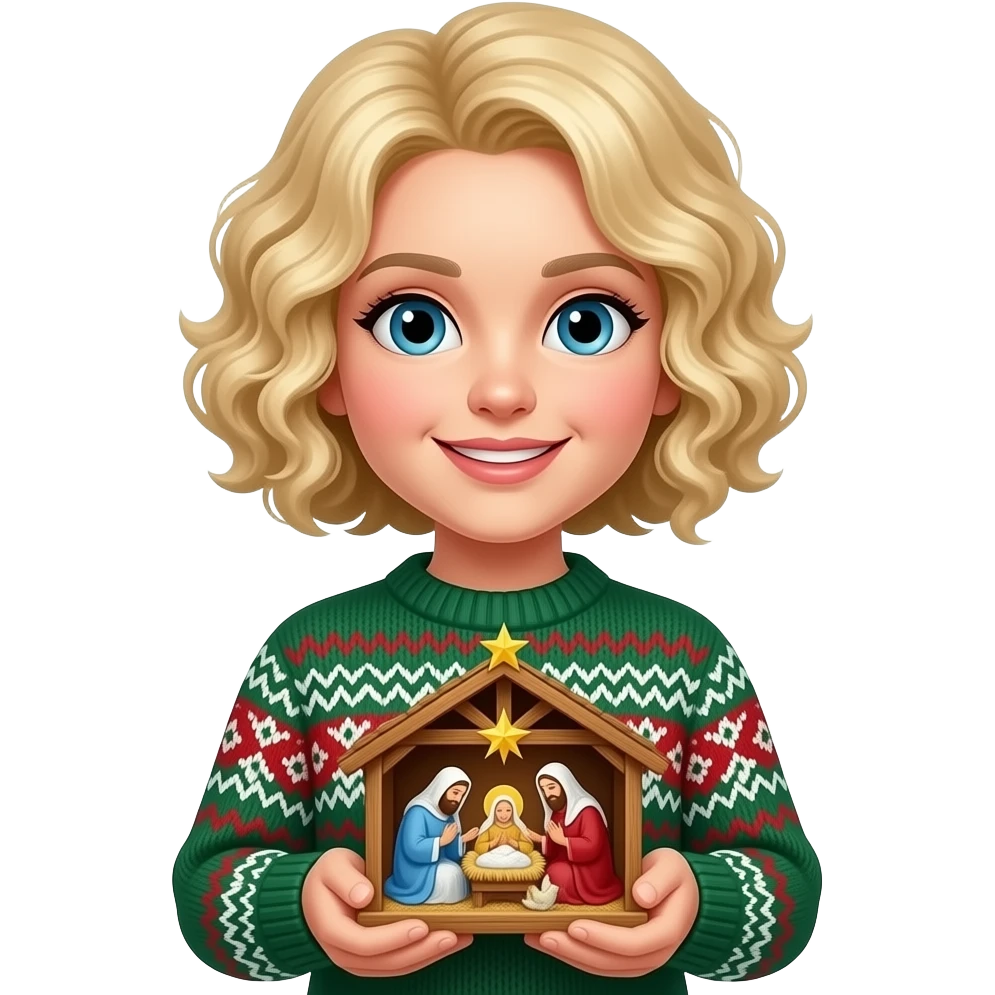 blonde tight curly hair in a short bob holding a nativity in a Christmas sweater emoji