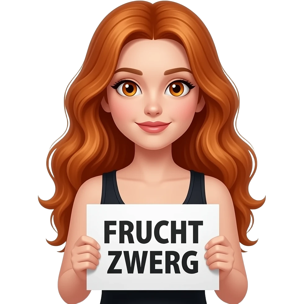sexy girl with long wavy ginger hair and ginger eyes wearing a black tanktop is holding a white colored sign with FRUCHT ZWERG written on it emoji