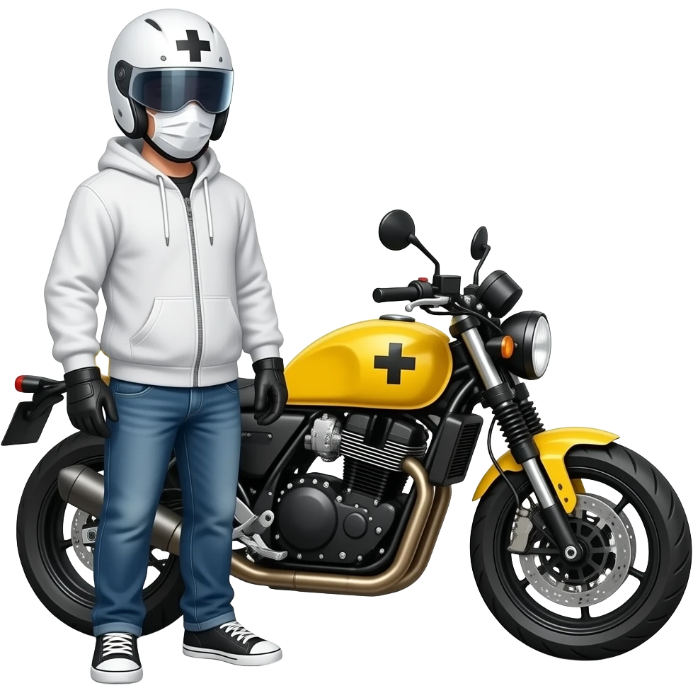 man wearing blue jeans, a white hoodie, black black gloves, a white crosshelmet with a dark eyes shield and a white mask on a yellow cross motorcycle emoji