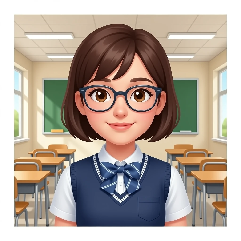 high school class room with a pretty female high school student short hair glass emoji