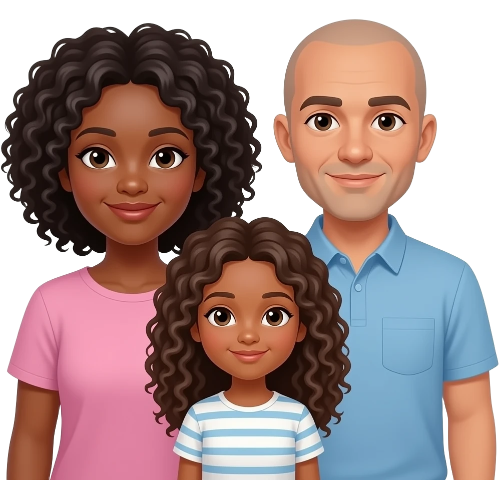 Dark mother with curly bohn and girl with curly locks and bald father lightskin with emoji