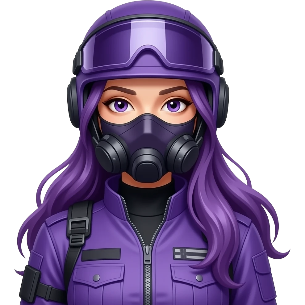 sexy girl with long purple hair wears a purple combat uniform with a helmet and a mask emoji