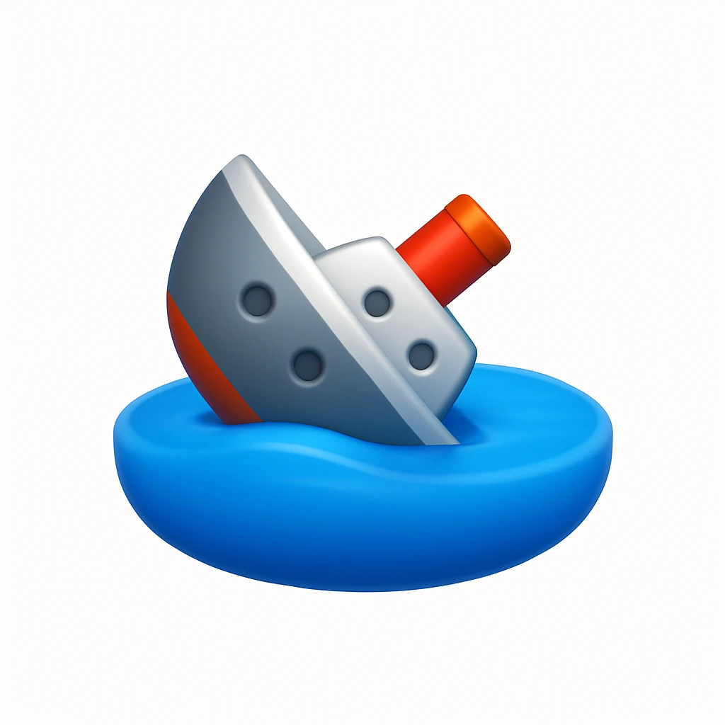 A 3D emoji in iOS emoji aesthetic style of a ship almost completely submerged underwater, with only the back tip of the vessel still visible above the ocean surface, calm blue water, no waves, glossy Apple-style design, clean white background

 emoji