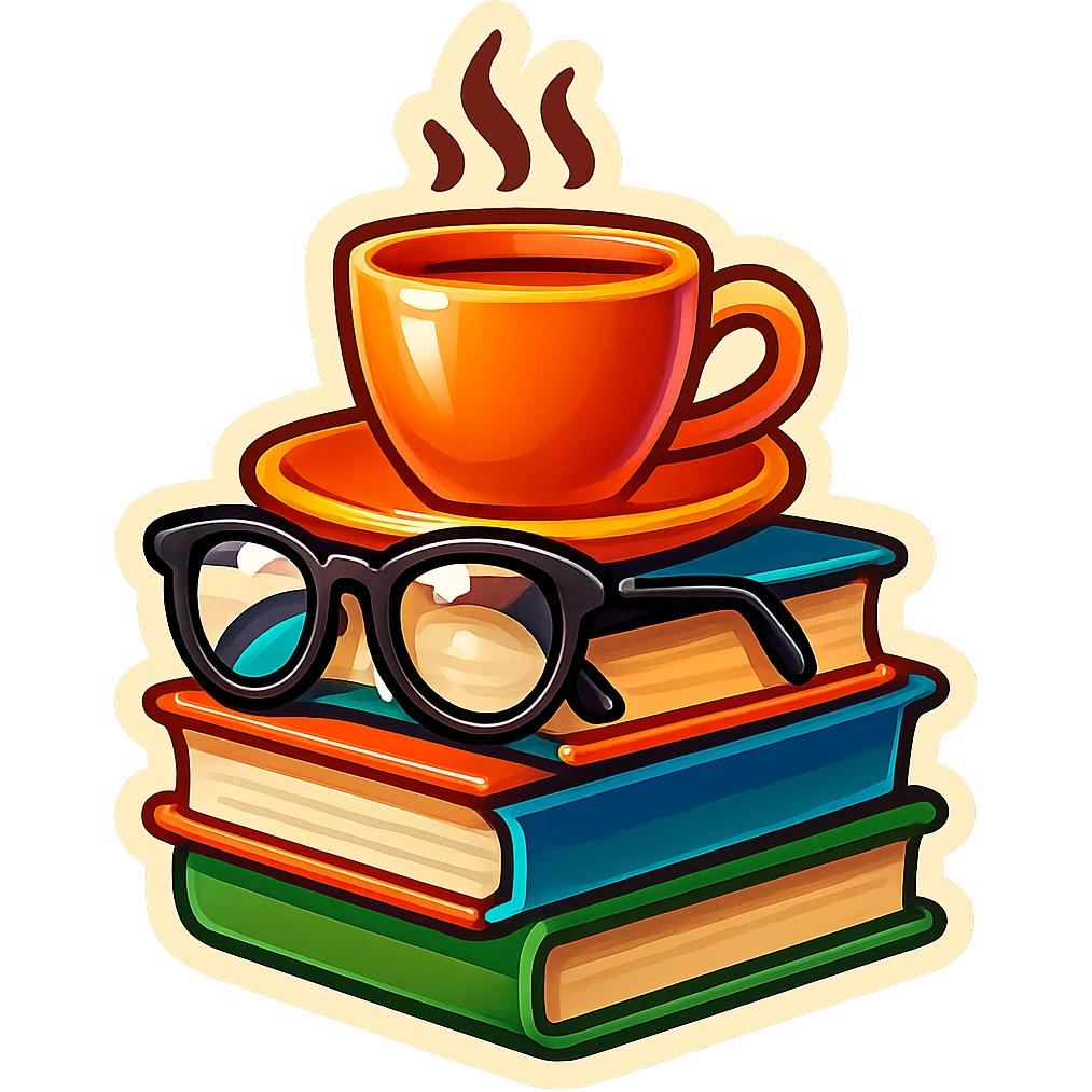 stack of books with a coffee cup and glasses on top, retro stickers style, clear outlines, strong shadows and highlights, fun and not too complex emoji
