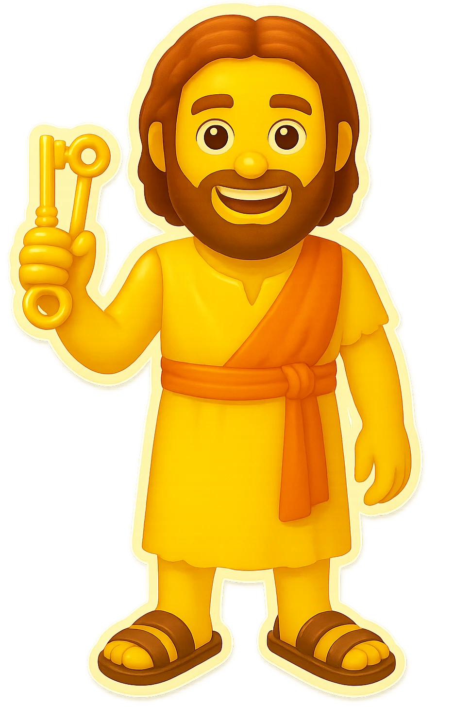 Make the colors even lighter and more saturated, matching the classic emoji yellow skin and bright robe style. Keep the sleeveless shirt and plain robes. Fullbody apostle Peter holding keys in a standing pose, no background. emoji