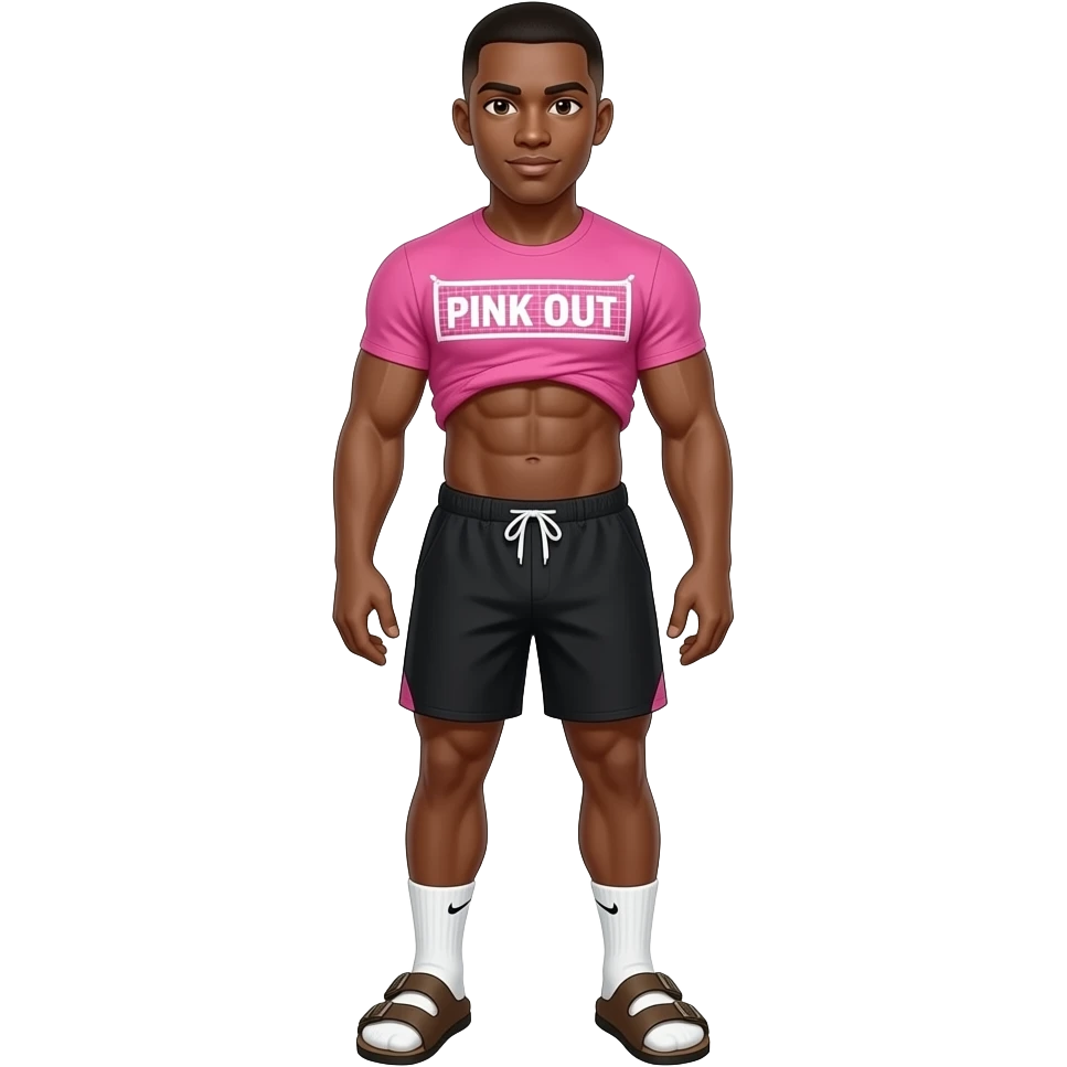 black skinned 22 year old man with a brown low taper fade in a shirt that says PINK OUT with white volleyball nets on it and it’s pink with black shorts and ankle nike white socks and brown birkenstocks the shirt is so tight you can see his abs giant muscles emoji