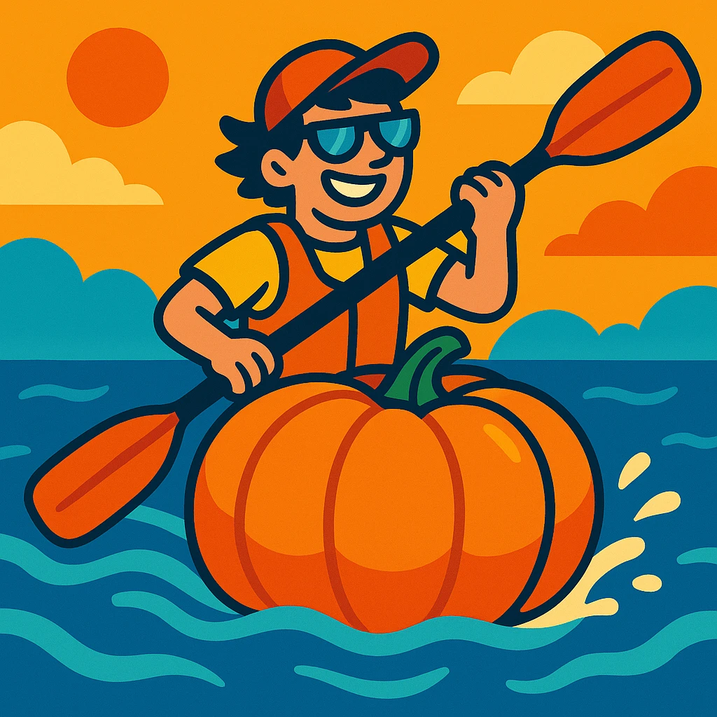 a kayaker riding a floating pumpkin on water, fun and adventurous, vibrant toon style, bright and lively emoji