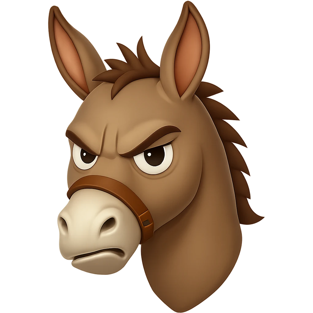 Make the cartoon donkey look angrier with furrowed brows and a scowling expression, but keep the playful 'jackwagon' vibe. Preserve transparent background. emoji