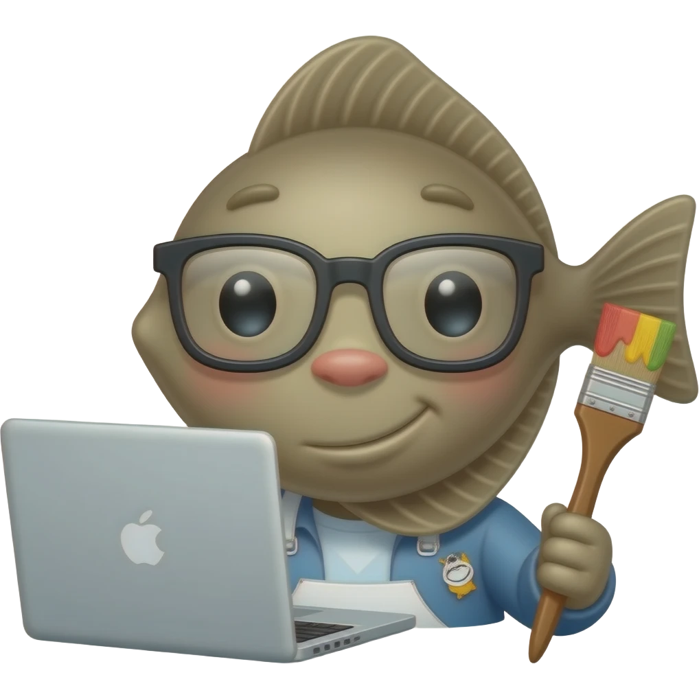 노트북과 붓이 있는 안경쓴 가자미 얼굴 emoji