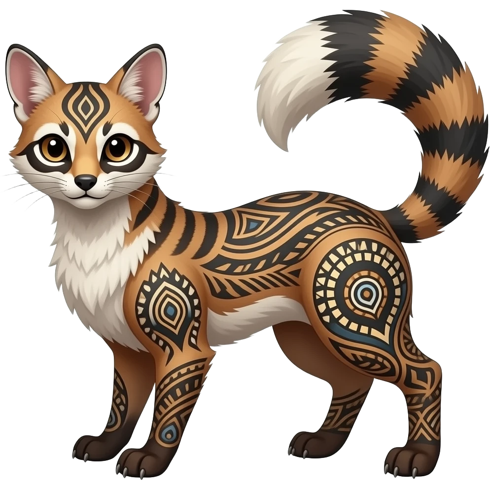 Tribal-patterned aesthetic quadrupedal elegant oriental feral painted Genet-Litten-Luxray-Sprigatito-Furret-Sylveon-animal-Fakémon-fusion-hybrid-creature emoji