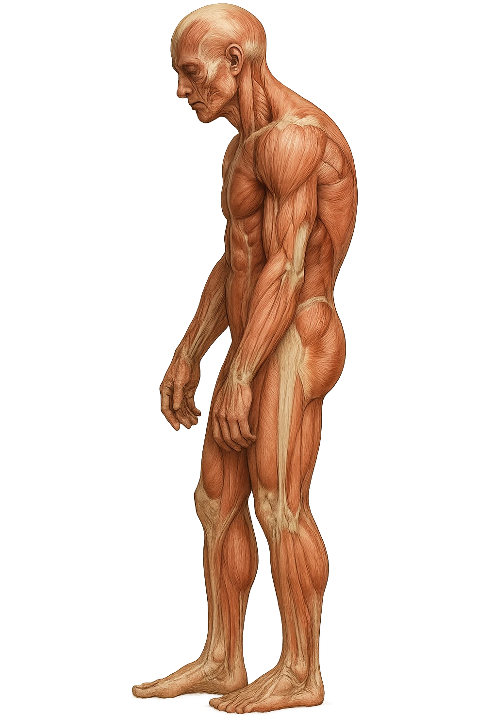 corpo umano anatomico realistico leggermente curvo con la schiena e le spalle che puntano leggermente in avanti, postura delle spalle chiuse, isolato su sfondo bianco emoji