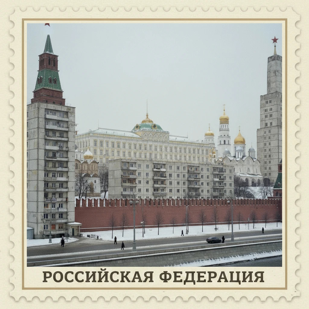 Стилизуй изображение здания под марку как на первом фото

100 из правого верхнего угла убери и герб СССР из левого верхнего угла убери emoji