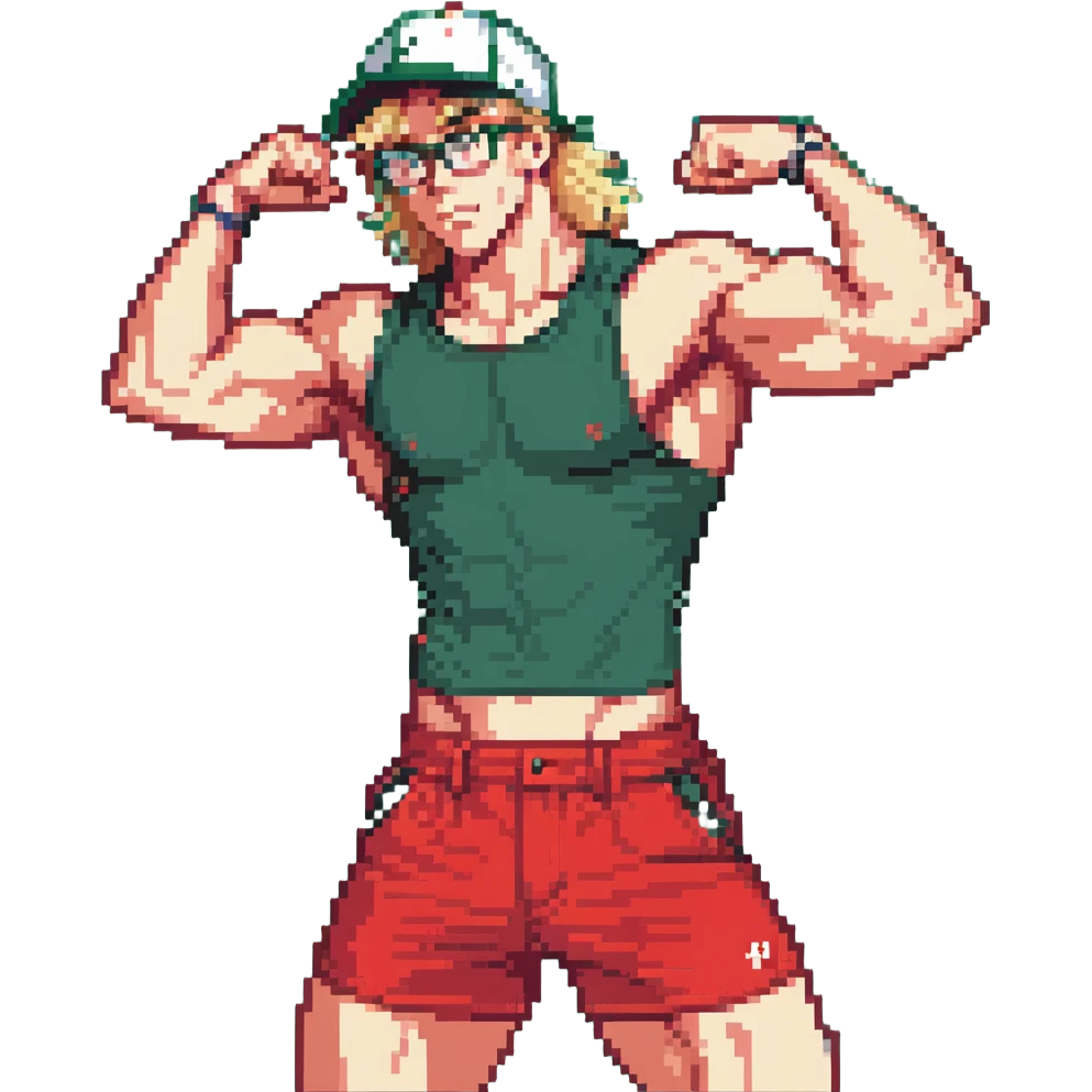 Man with black and white cap, bare torso, red shorts, clear glasses, messy light blond mullet hairstyle, flexing muscles emoji