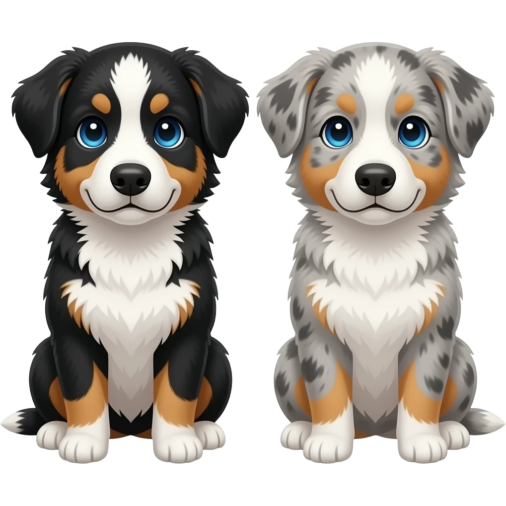 Blue Merle Aussiedoodle with blue eyes mostly white face one year is black. The other is gray. emoji