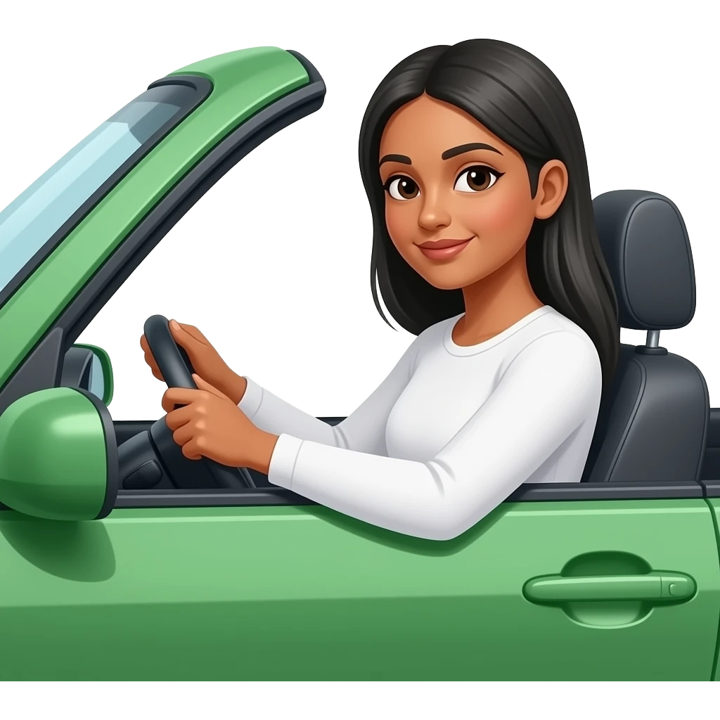 Dark skinned Indian woman with white long sleeve top with straight grey straight hair driving in green car car w emoji