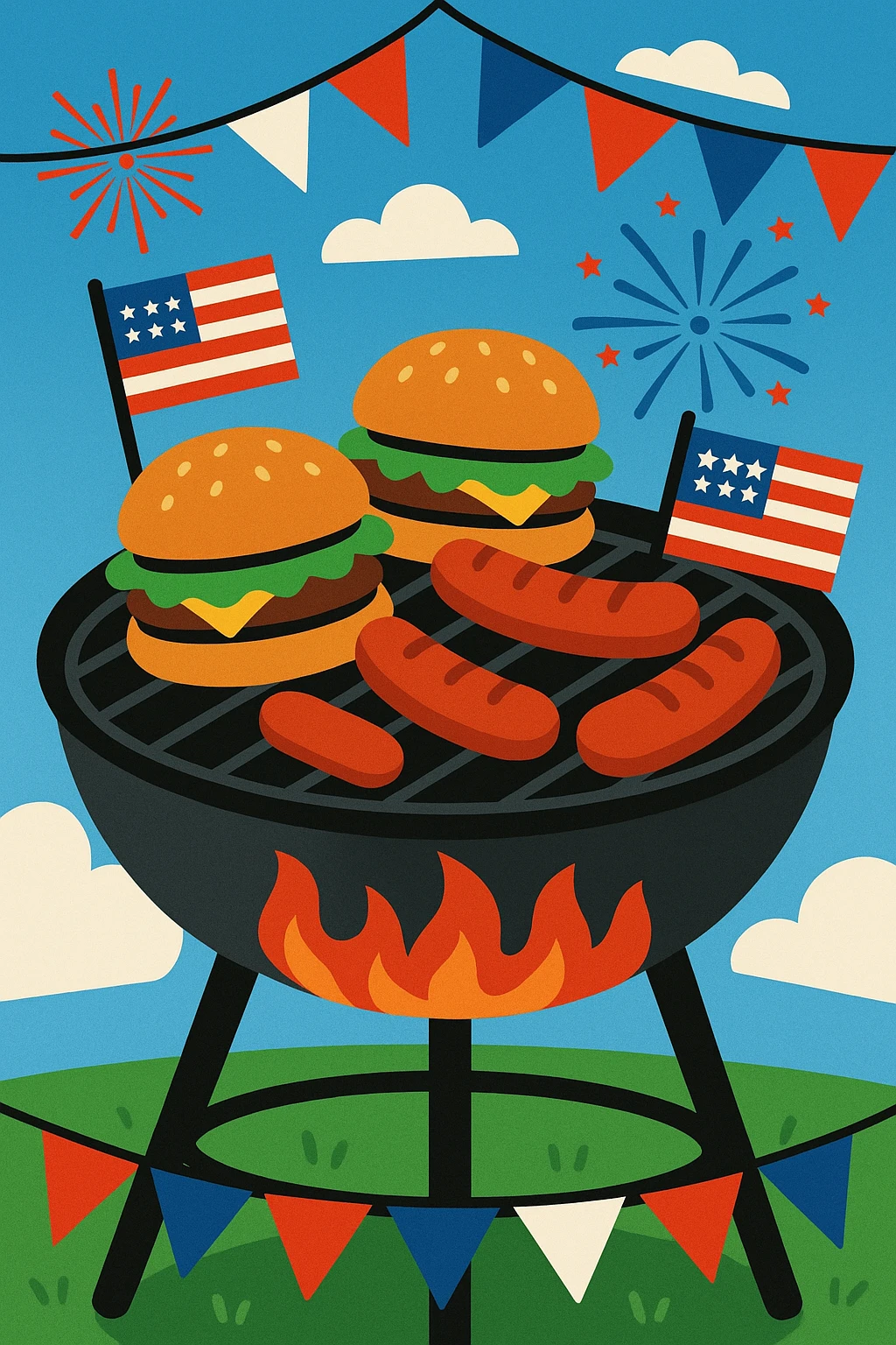 barbecue grill with burgers and hot dogs, 4th of July, summer, festive emoji