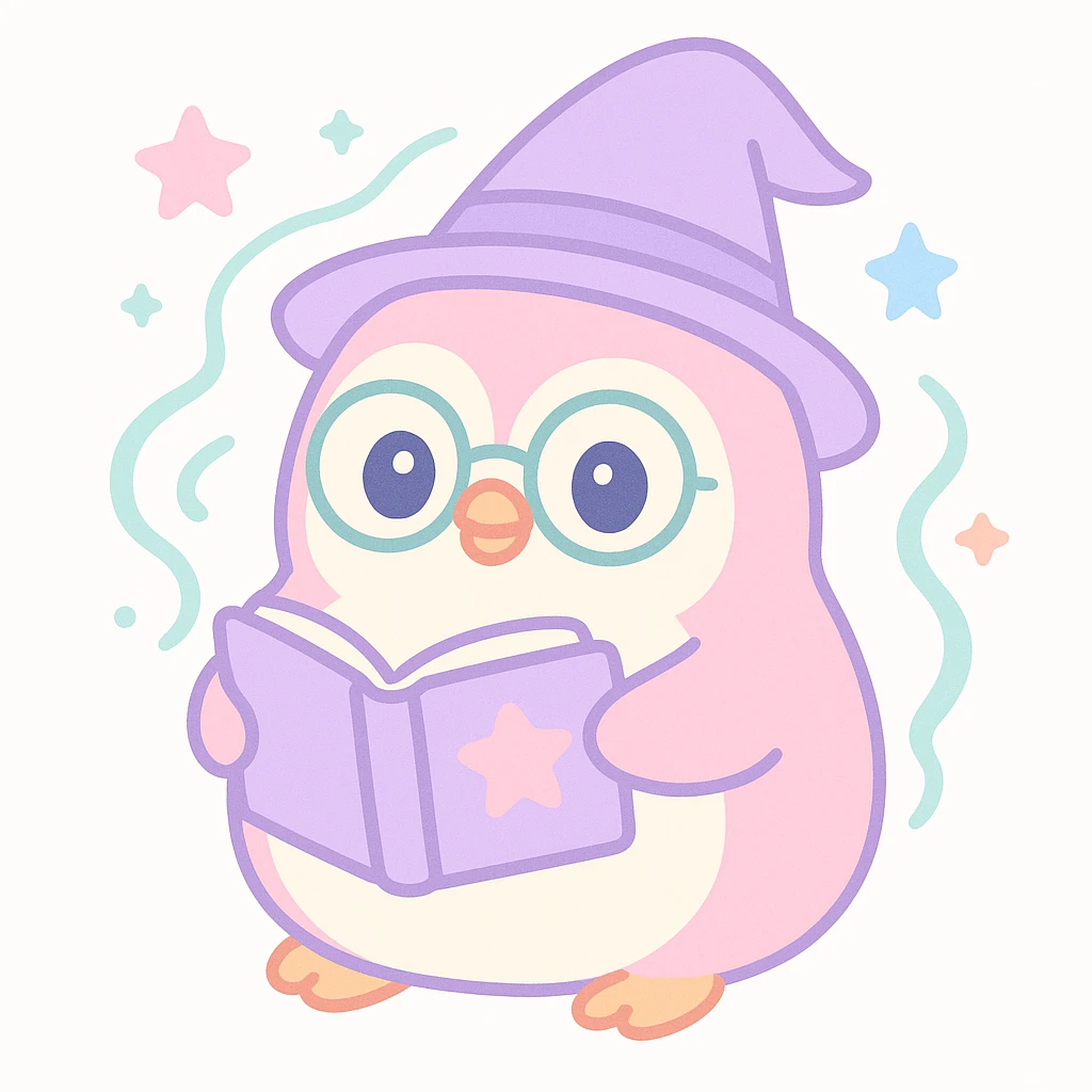 a chubby penguin wizard with glasses, holding an open spellbook, magical aura around emoji